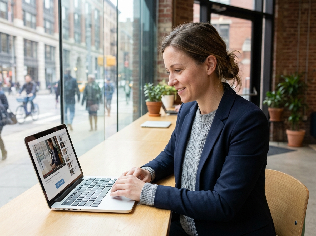 Femme en coworking souriante regardant son ordinateur