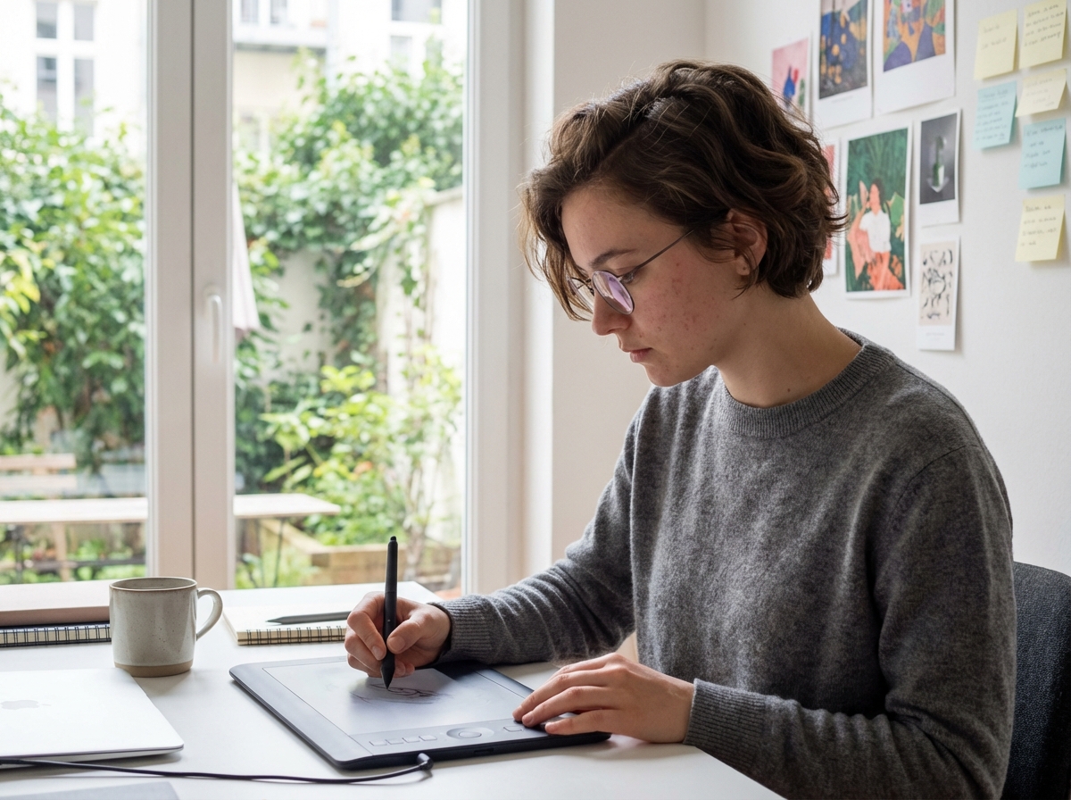 Jeune femme dessinant sur une tablette dans un espace moderne