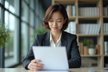 Femme en bureau moderne examinant un diplôme