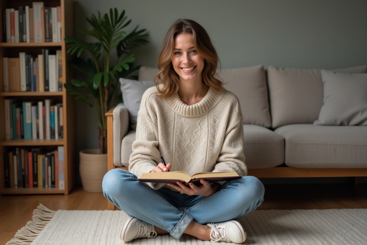 Femme souriante écrivant dans un journal cosy à la maison