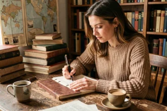 Femme écrivant dans un journal en cuir dans un bureau cosy rempli de livres, illustrant la narration et l'imparfait en espagnol