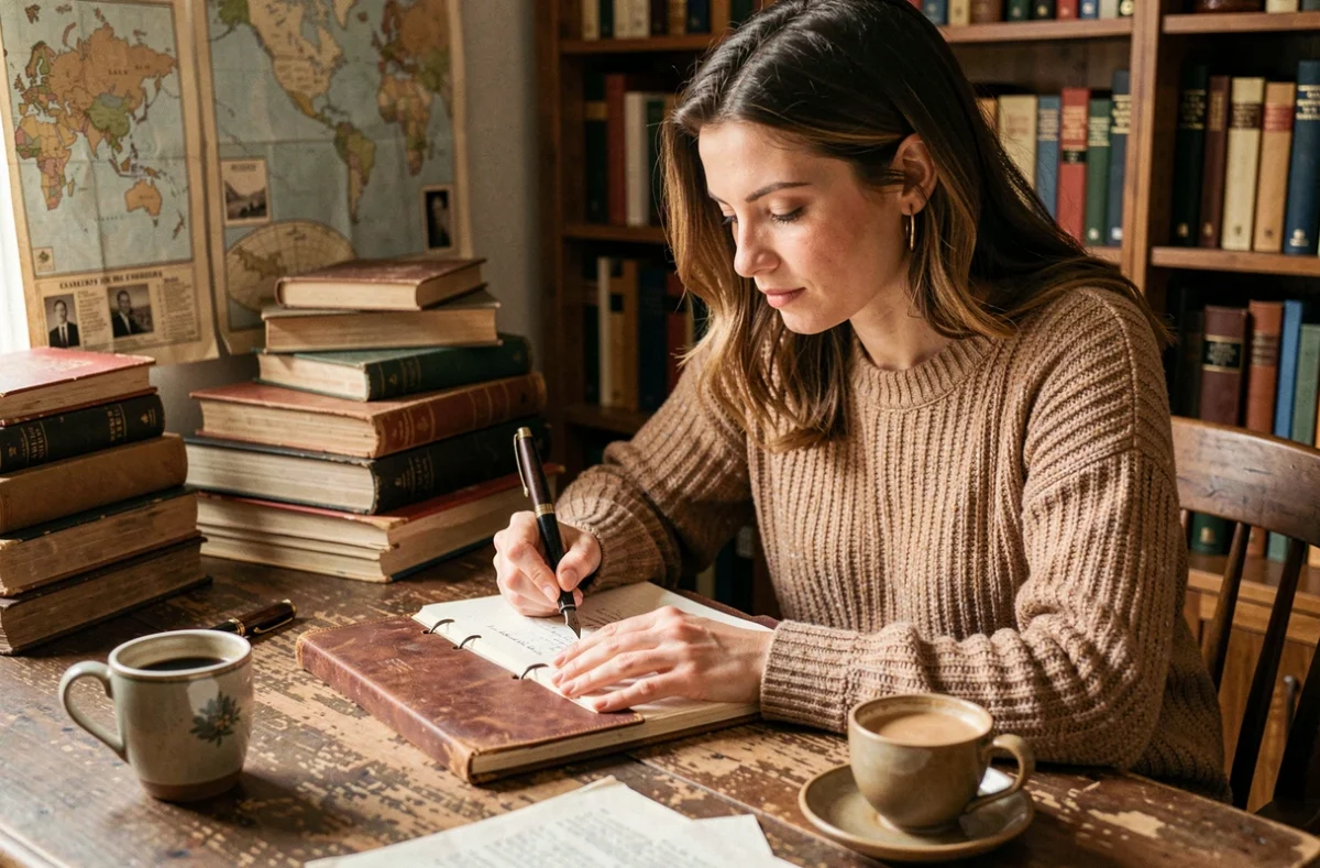 Femme écrivant dans un journal en cuir dans un bureau cosy rempli de livres, illustrant la narration et l'imparfait en espagnol