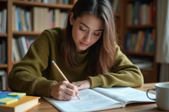 Jeune femme étudiant des connecteurs logiques sur une liste manuscrite avec des annotations colorées