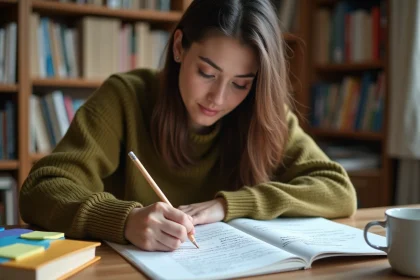 Jeune femme étudiant des connecteurs logiques sur une liste manuscrite avec des annotations colorées