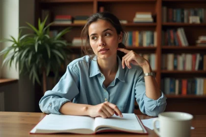 Jeune femme hispanique étudiant la conjugaison des verbes SER et ESTAR en espagnol avec des livres de grammaire ouverts sur un bureau en bois