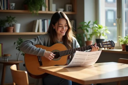 Femme souriante jouant de la guitare dans un appartement lumineux