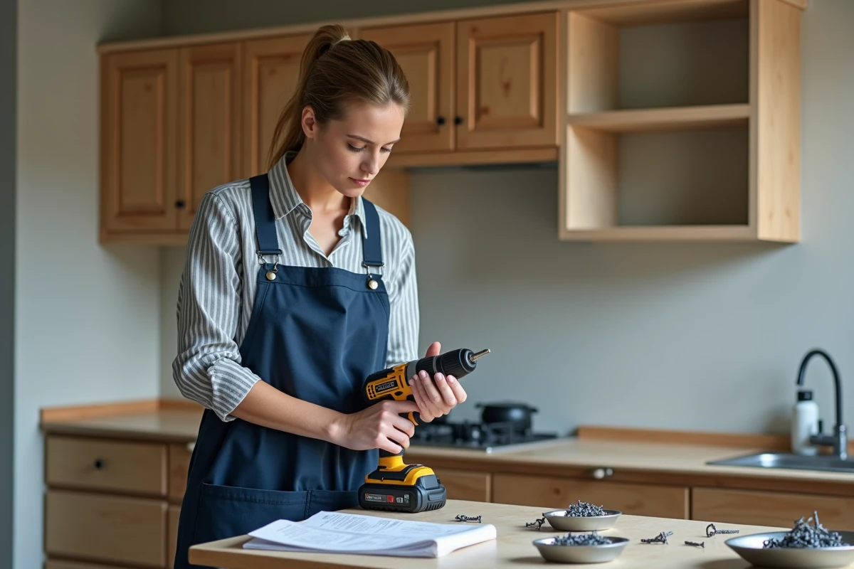 Femme autonome installant des charnières de placard lors d'une rénovation cuisine avec tutoriel bricolage