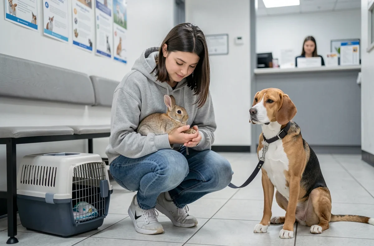 Jeune femme avec un lapin, un chat et un chien dans une salle d'attente vétérinaire illustrant les frais liés à la certification ACACED
