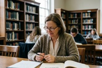 Femme d'âge moyen lisant dans une bibliothèque chaleureuse