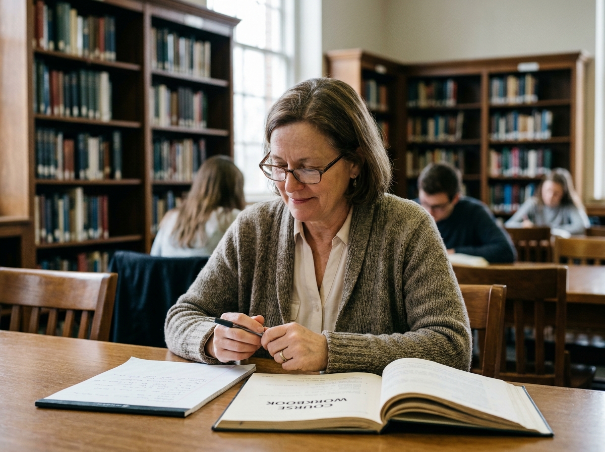 Femme d'âge moyen lisant dans une bibliothèque chaleureuse