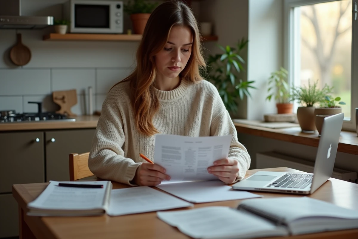 Jeune femme lisant une brochure dans une cuisine chaleureuse
