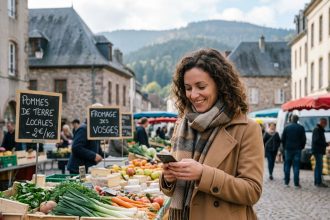 Femme souriante vérifiant son smartphone près d'un marché Vosges