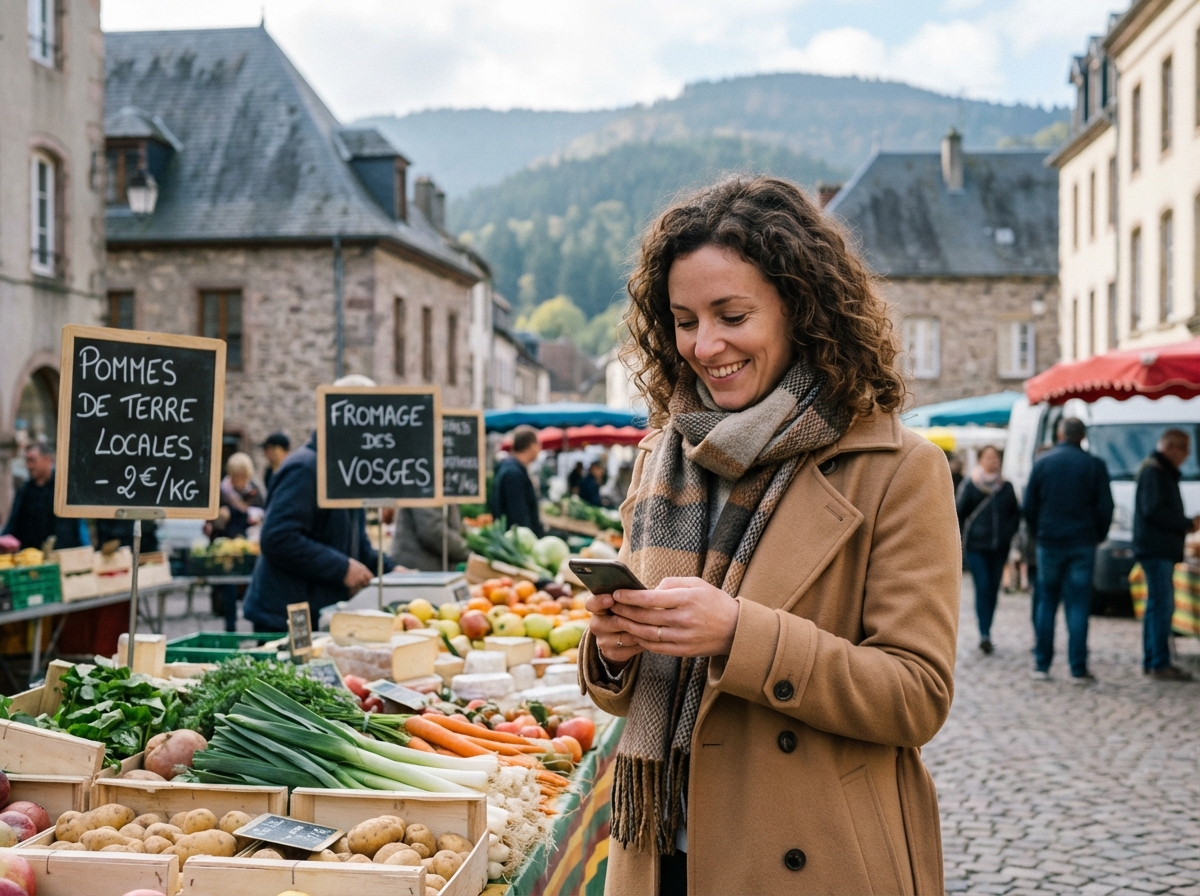 Femme souriante vérifiant son smartphone près d'un marché Vosges