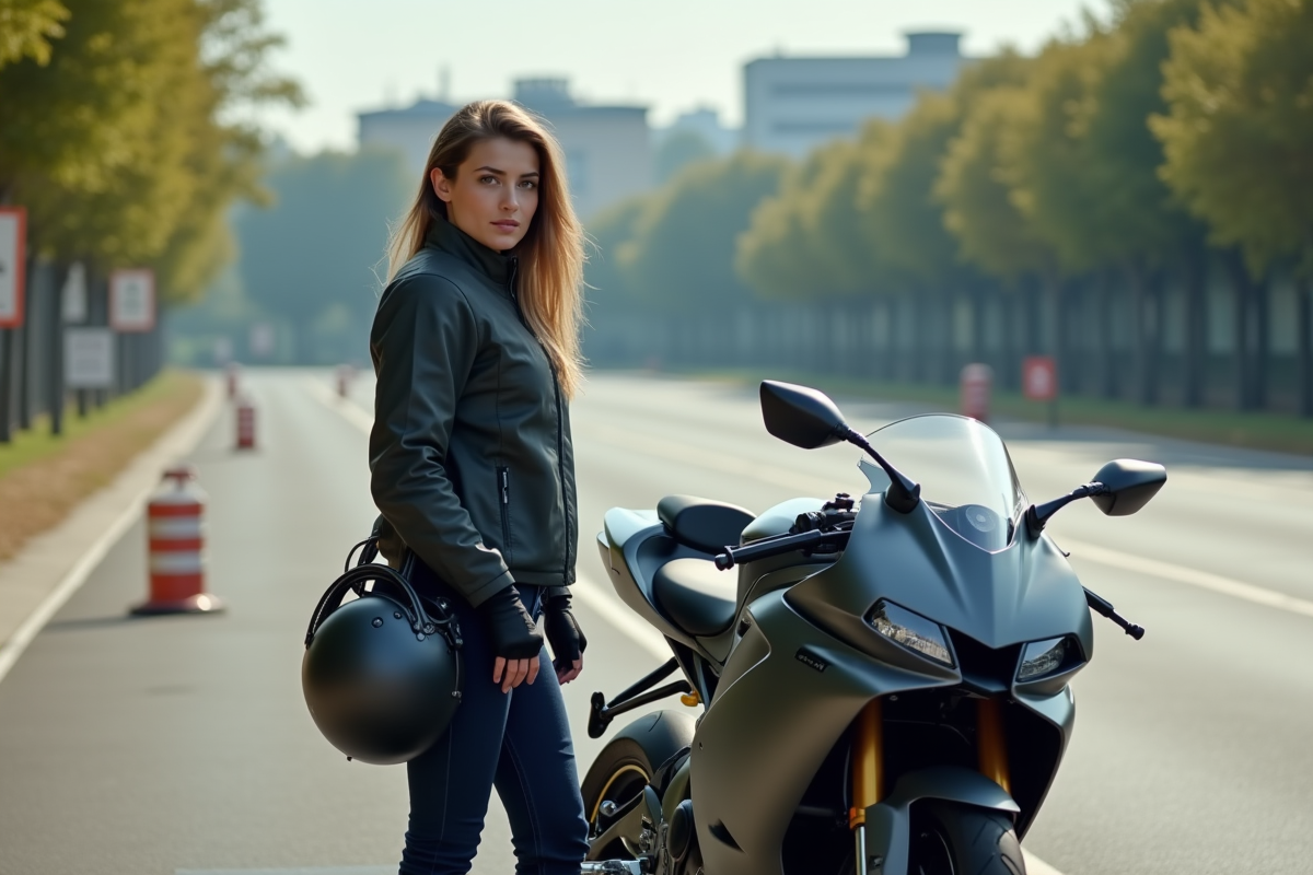 Jeune femme en équipement moto devant une moto à l'examen