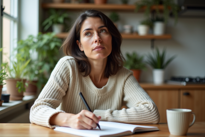 Femme écrivant ses objectifs dans un carnet à la maison