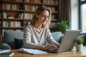 Femme assise &agrave; un bureau &agrave; la maison utilisant un ordinateur pour un portail parent