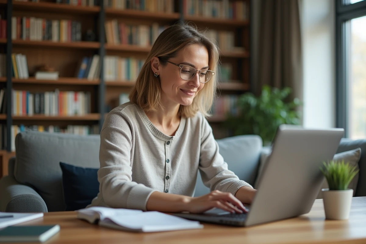 Femme assise à un bureau à la maison utilisant un ordinateur pour un portail parent