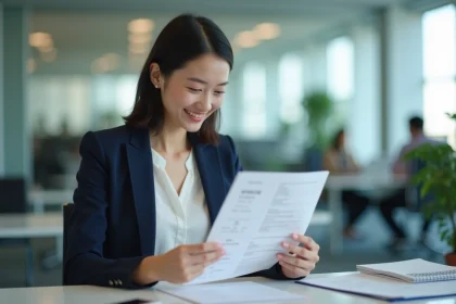 Femme professionnelle en blazer marine examinant un CV bilingue japonais-chinois dans un bureau moderne multinational