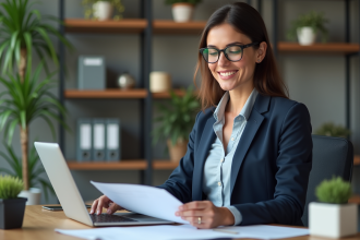 Femme professionnelle en bureau moderne avec documents