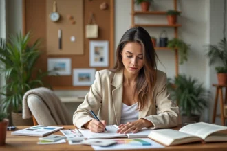 Femme en reconversion professionnelle étudiant des échantillons de décoration intérieure dans un studio créatif