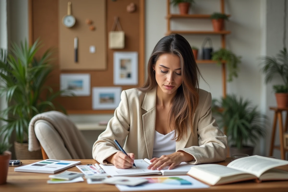 Femme en reconversion professionnelle étudiant des échantillons de décoration intérieure dans un studio créatif