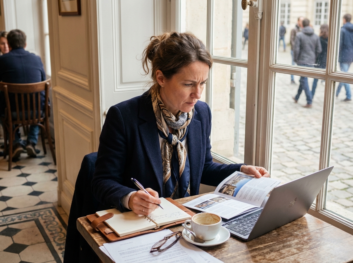 Femme réfléchie dans un café de Versailles