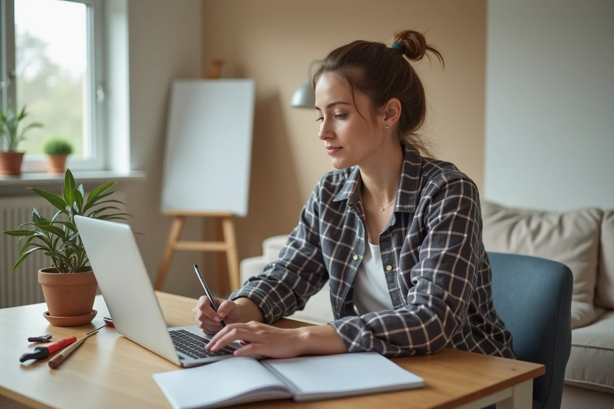 Femme en jeans et chemise à carreaux travaillant à la maison