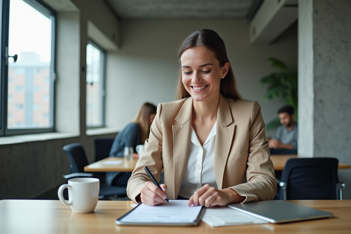Femme souriante examinant des documents dans un espace de coworking