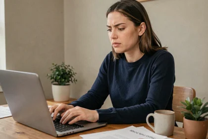Femme concentrée passant un test de QI en ligne sur son ordinateur portable dans un bureau à domicile