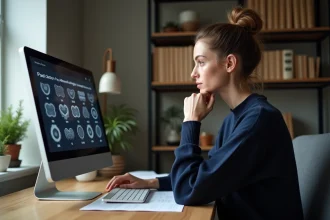 Femme concentrée passant un test de QI en ligne sur ordinateur dans un bureau à domicile moderne