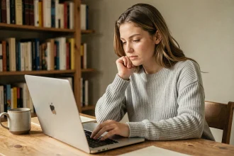 Jeune femme concentrée passant un test de QI gratuit sur un ordinateur portable dans un bureau à domicile