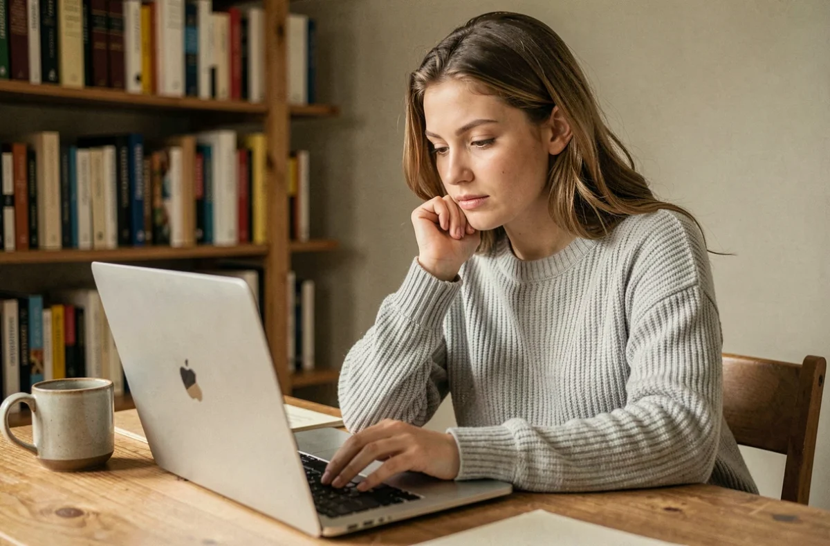 Jeune femme concentrée passant un test de QI gratuit sur un ordinateur portable dans un bureau à domicile