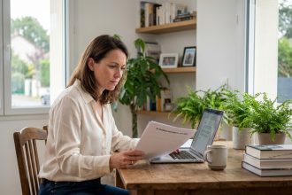 Femme concentrée travaillant dans un bureau moderne à la maison