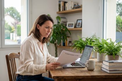 Femme concentrée travaillant dans un bureau moderne à la maison
