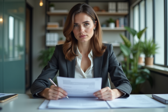 Femme d'affaires concentrée sur des documents financiers