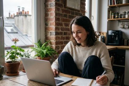 Jeune femme travaillant à distance dans un appartement parisien