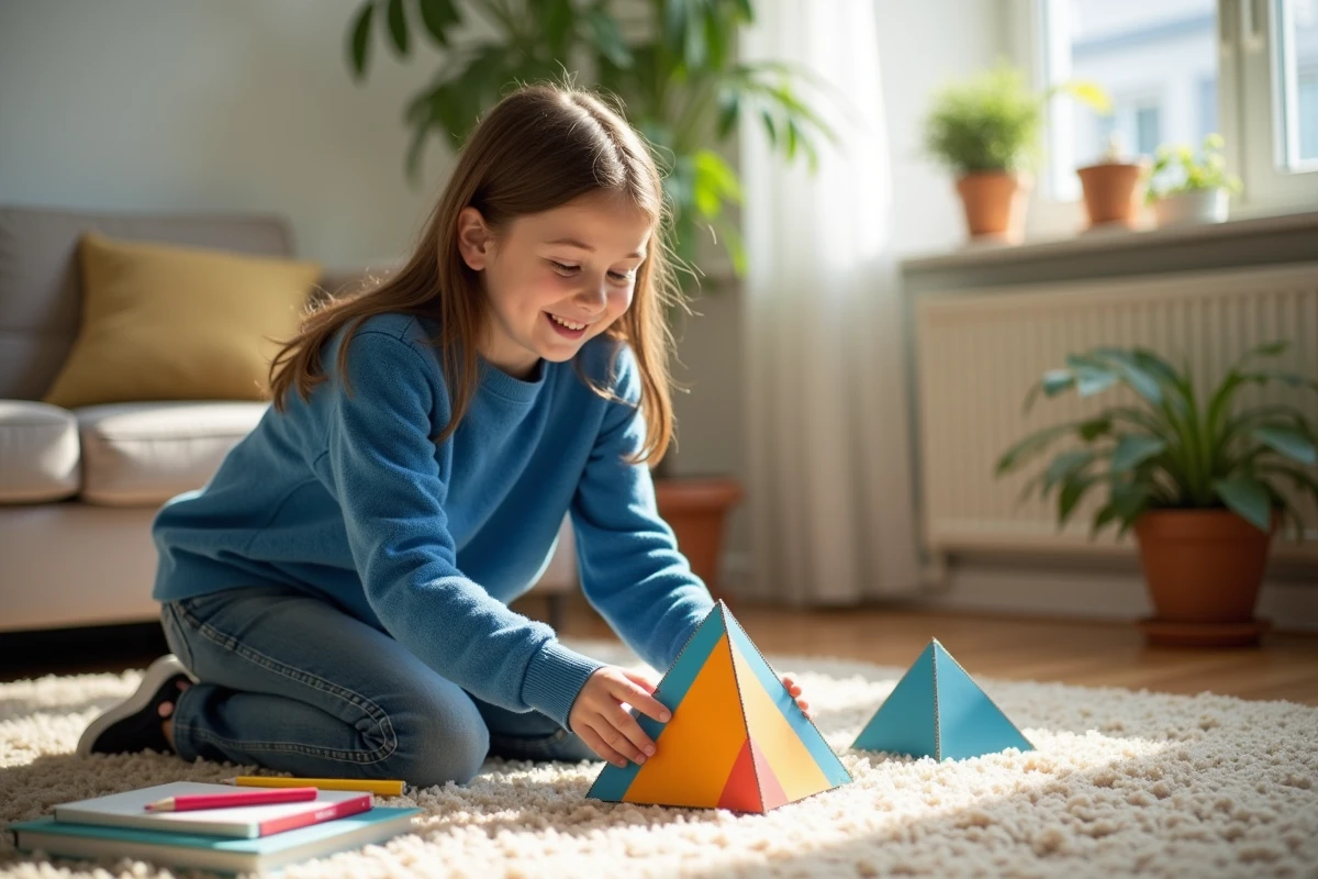 Fille assemble une pyramide en carton &agrave; la maison