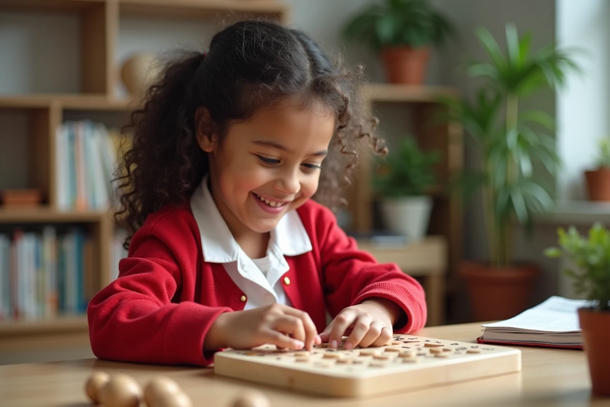Fille concentr&eacute;e manipulant un tableau de multiplication Montessori