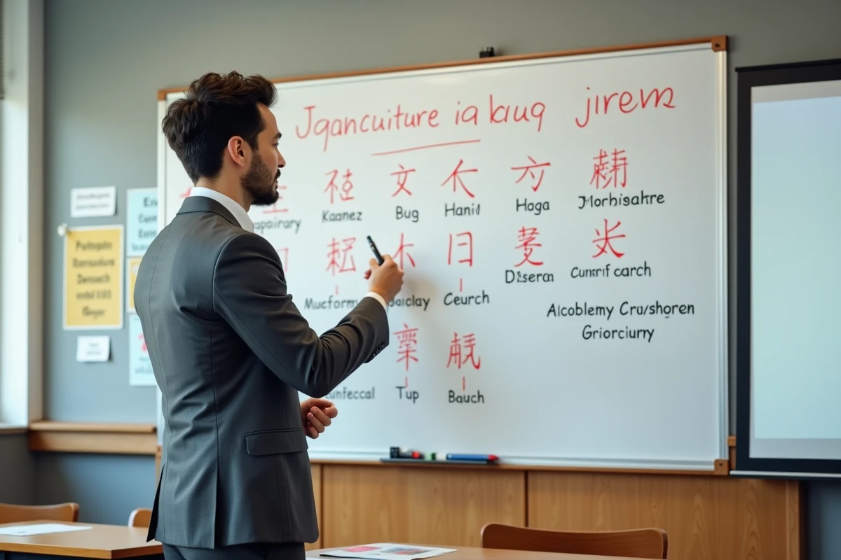 Formateur expliquant les différences entre japonais et chinois sur un tableau blanc dans une salle de cours professionnelle