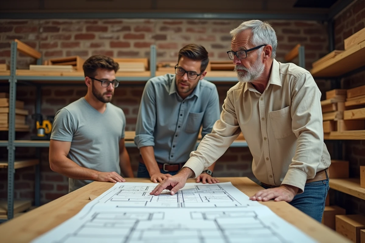 Formateur en menuiserie expliquant des plans techniques à des stagiaires adultes dans un centre de formation professionnelle