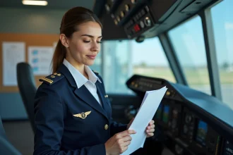 Jeune femme en uniforme d'aviation devant un simulateur de vol dans un centre de formation professionnelle de type MFJA