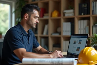 Ouvrier du BTP utilisant son CPF pour s'inscrire à une formation en ligne sur un ordinateur portable