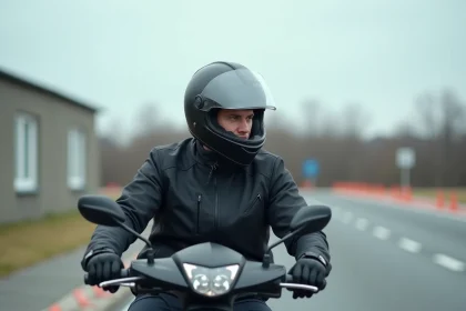 Conducteur en formation 125cc sur un circuit d'entraînement d'auto-école avec scooter et équipement de sécurité complet