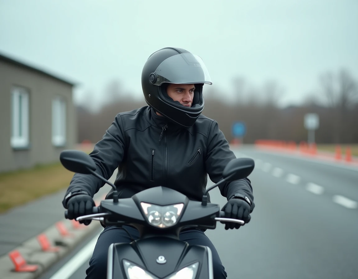 Conducteur en formation 125cc sur un circuit d'entraînement d'auto-école avec scooter et équipement de sécurité complet