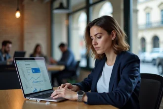 Femme en formation digitale à Paris dans un espace de coworking moderne avec un ordinateur portable