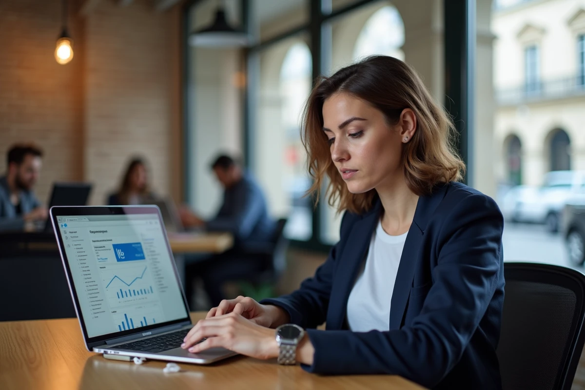 Femme en formation digitale à Paris dans un espace de coworking moderne avec un ordinateur portable