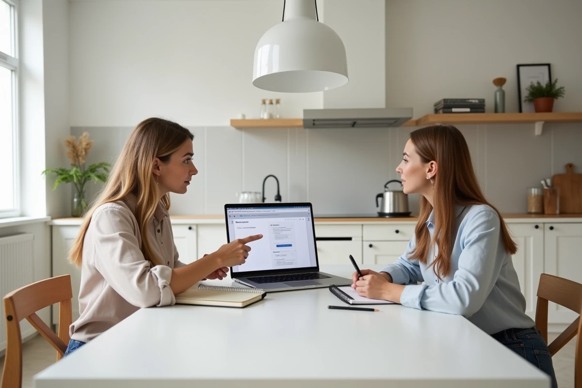Deux femmes suivant une formation en ligne de décoration intérieure sur ordinateur à domicile