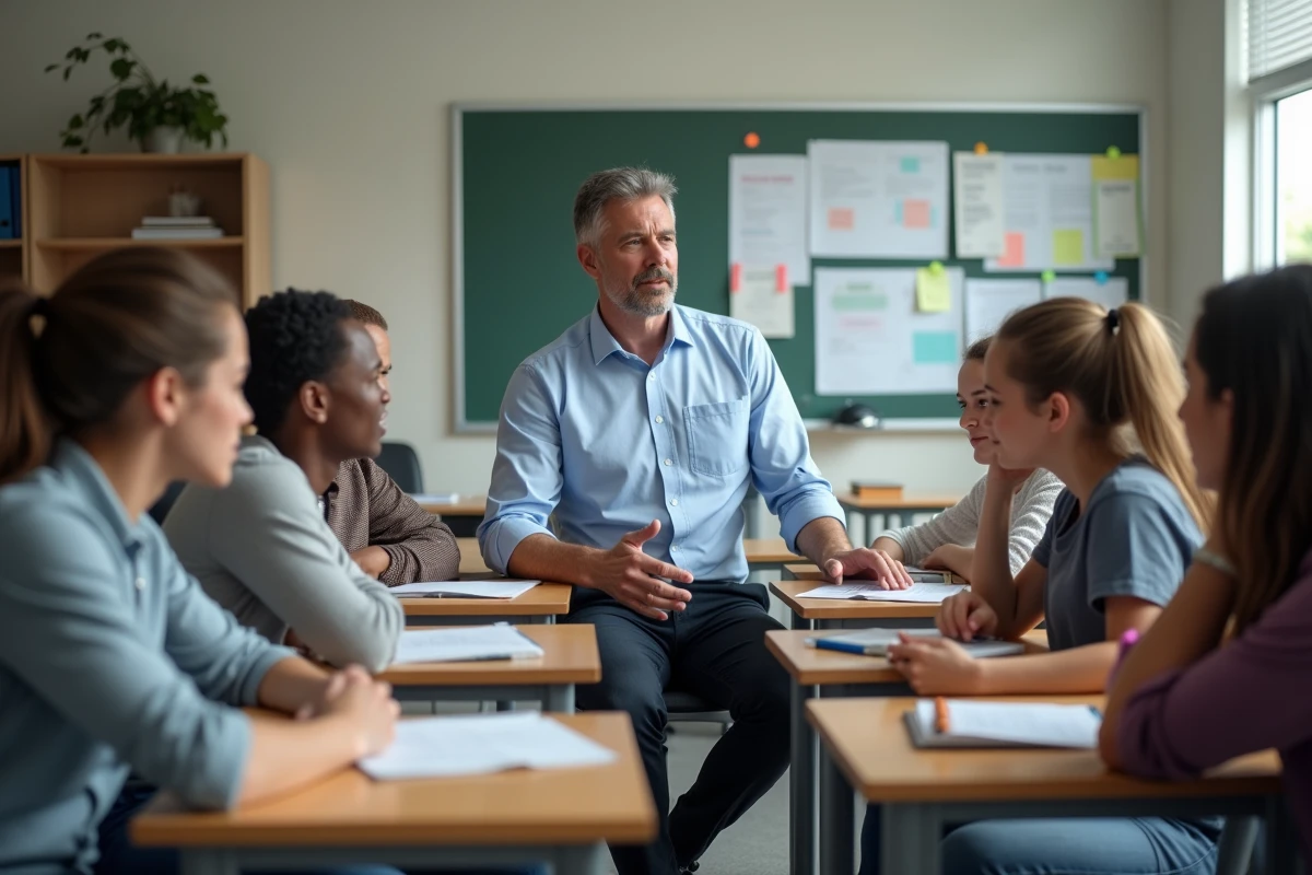 Formateur en ergothérapie guidant des étudiants en atelier pratique