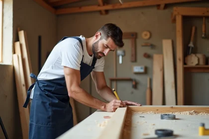Menuisier professionnel en formation mesurant un cadre de porte en bois dans un atelier de menuiserie