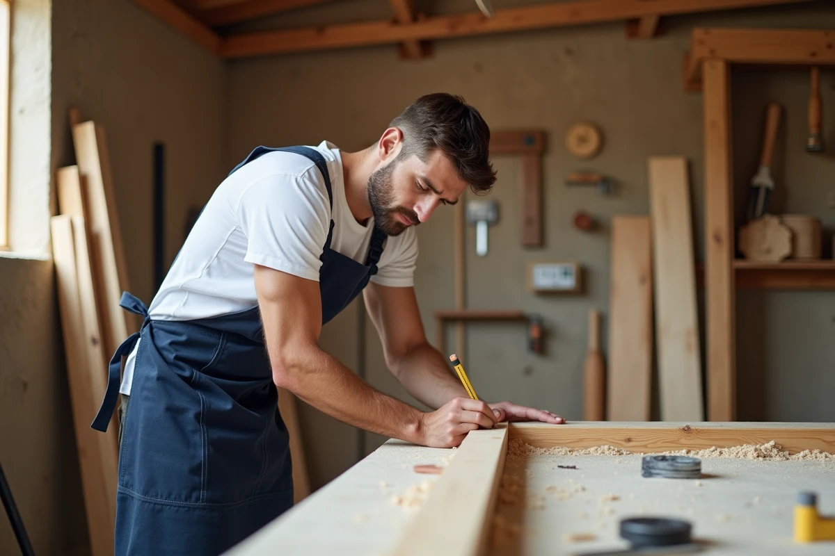 Menuisier professionnel en formation mesurant un cadre de porte en bois dans un atelier de menuiserie